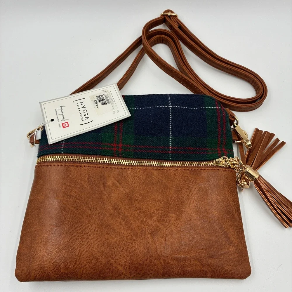Jenco Handbag PETA Approved Vegan Crossbody Bag Blue Green Tassel Gold Tone‎ 9x8